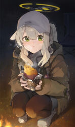 Rule 34 | 1girl, absurdres, black pantyhose, black scarf, blue archive, blush, chair, enokinoko1010, food, grass, green eyes, green jacket, grey hair, halo, hare (blue archive), hare (camp) (blue archive), hat, highres, holding, holding food, jacket, long hair, long sleeves, looking at viewer, official alternate costume, open mouth, outdoors, pantyhose, ponytail, scarf, shoes, solo, squatting, sweet potato, white footwear, white hat