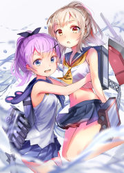 Rule 34 | 2girls, :d, :o, anchor symbol, ayanami (azur lane), azur lane, bare arms, bare shoulders, black ribbon, blue eyes, blue sailor collar, blue skirt, breasts, brown eyes, camisole, commentary request, crop top, hair ornament, hair ribbon, high ponytail, highres, javelin (azur lane), light brown hair, long hair, looking at viewer, midriff, multiple girls, navel, open mouth, parted lips, pleated skirt, ponytail, purple hair, ribbon, sailor collar, school uniform, serafuku, shirt, skirt, sleeveless, sleeveless shirt, small breasts, smile, teeth, torpedo, upper teeth only, wan (calvin840203), water, white camisole, yellow neckwear