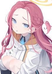 Rule 34 | 1girl, :o, absurdres, blue archive, blue eyes, blue necktie, blush, braid, collared shirt, forehead, from above, furrowed brow, halo, highres, hood, hooded jacket, id card, jacket, light blush, long hair, long sleeves, looking at viewer, multicolored clothes, multicolored jacket, necktie, one side up, open mouth, red hair, rotroto, shirt, simple background, solo, squatting, tsurime, very long hair, white background, white jacket, white shirt, yuzu (blue archive)