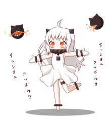 Rule 34 | 10s, 1girl, abyssal ship, ahoge, dress, glance1109, horns, kantai collection, long hair, looking at viewer, mittens, northern ocean princess, orange eyes, outstretched arms, pale skin, solo, spread arms, translated, white dress, white hair