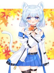 Rule 34 | 1girl, animal ear fluff, animal ears, autumn leaves, bare shoulders, belt, belt buckle, black belt, black choker, black thighhighs, blue eyes, blue hair, blue skirt, blurry, blurry background, breasts, buckle, cat ears, cat girl, cat tail, choker, commission, depth of field, dress, frilled dress, frills, hair ornament, hairclip, hand up, holding, holding leaf, jacket, leaf, maple leaf, medium breasts, navel, off shoulder, open clothes, open jacket, original, pleated skirt, shikito (yawa0w0), single thighhigh, skeb commission, skindentation, skirt, solo, tail, thigh strap, thighhighs, white jacket