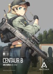 Rule 34 | 1girl, ak-alfa, ass, assault rifle, backpack, bag, barcode, baseball cap, belt, black hat, blonde hair, blue eyes, blue pants, blurry, blurry background, brown belt, carrying, closed mouth, clothes writing, cloud, cloudy sky, denim, depth of field, emblem, english text, facebook logo, from behind, grey-framed eyewear, grey jacket, grey sky, gun, hat, headset, highres, holding, holding removed eyewear, jacket, jeans, light frown, long sleeves, looking at viewer, looking back, medium hair, midriff, original, overcast, pants, pouch, print headwear, rifle, scope, short ponytail, sky, solo, standing, sunglasses, sunglasses removed, tanto (tc1995), tree, unworn eyewear, walkie-talkie, weapon