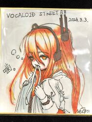Rule 34 | 1girl, a.i. voice, adachi rei, alternate hair length, alternate hairstyle, clothes grab, dated, gloves, hair between eyes, headset, highres, jacket, jacket grab, long hair, long sleeves, marker (medium), mouth hold, neisu nnno, open clothes, open jacket, orange eyes, orange hair, radio antenna, ribbon, ribbon in mouth, shikishi, signature, solo, straight hair, traditional media, upper body, utau, white gloves, white jacket
