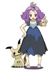 Rule 34 | 1girl, :3, :d, acerola (pokemon), armlet, collarbone, creatures (company), dress, elite four, flat chest, flipped hair, full body, game freak, gen 7 pokemon, green322, hair ornament, half updo, hand on own hip, mimikyu, nintendo, open mouth, pokemon, pokemon (creature), pokemon sm, purple eyes, purple hair, sandals, short hair, simple background, smile, standing, stitches, topknot, torn clothes, torn dress, trial captain, white background