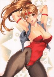 Rule 34 | 1girl, armband, armpits, arms behind head, breakers, breasts, brown eyes, brown hair, cleavage, collarbone, headband, jacket, large breasts, legunamblack, leotard, lips, looking at viewer, open mouth, pantyhose, ponytail, red leotard, simple background, solo, star (symbol), strapless, strapless leotard, thick thighs, thighs, tia langray, watermark