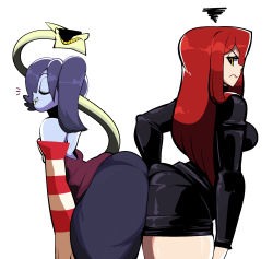 Rule 34 | 2girls, ass, ass-to-ass, blue hair, blue skin, colored skin, detached sleeves, dress, closed eyes, gerard burn, hair over one eye, highres, looking at another, looking back, multiple girls, parasoul (skullgirls), red hair, skirt, skullgirls, smile, squigly (skullgirls), stitched mouth, stitches, striped, sunglasses, yellow eyes, zombie