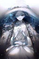 Rule 34 | 1girl, blue eyes, blue hair, blue skin, cape, cloak, closed mouth, coat, colored skin, cracked skin, dress, elden ring, extra arms, extra faces, fur cloak, fur coat, gradient background, hat, highres, long hair, looking at viewer, one eye closed, own hands together, ranni the witch, rumoon, smile, solo, witch, witch hat