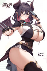 Rule 34 | 1girl, ahoge, armpits, ass, belt, breasts, claws, cleavage, cleavage cutout, clothing cutout, covered navel, curvy, demon girl, demon horns, demon tail, highres, horns, huge breasts, kannko bokujou, medium hair, multicolored hair, original, pink hair, pointy ears, purple eyes, purple hair, revealing clothes, sideboob, skirt, sleeveless, solo, tail, thighhighs, thighs, two-tone hair, underboob, underboob cutout