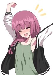 Rule 34 | 1girl, arms up, blush, bocchi the rock!, braid, braided ponytail, clenched hand, closed eyes, fang, flat chest, green tank top, halulu, highres, hiroi kikuri, jacket, long hair, long sleeves, open clothes, open jacket, purple hair, simple background, smile, solo, standing, tank top, upper body, white background