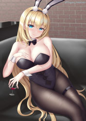 Rule 34 | 1girl, alcohol, animal ears, azur lane, black bow, black bowtie, black leotard, black pantyhose, blonde hair, blue eyes, bow, bowtie, breasts, cleavage, commentary, couch, cowboy shot, cup, detached collar, drinking glass, english commentary, fake animal ears, highres, large breasts, leotard, long hair, looking at viewer, north carolina (azur lane), north carolina (the heart&#039;s desire) (azur lane), official alternate costume, pantyhose, playboy bunny, rabbit ears, rabbit tail, sitting, smile, solo, strapless, strapless leotard, tail, togare, wine, wine glass, wrist cuffs