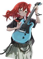 Rule 34 | 1girl, arm up, black shirt, bocchi the rock!, bracelet, cable, cable tie, commentary, cowboy shot, electric guitar, floating hair, furrowed brow, grey skirt, guitar, hand up, highres, holding, holding instrument, holding plectrum, instrument, jewelry, kita ikuyo, light smile, looking at viewer, medium hair, neko yeye, one eye closed, one side up, plectrum, red hair, shirt, short sleeves, shoulder strap, simple background, skirt, solo, sparkle, sweat, t-shirt, v-shaped eyebrows, white background, yellow eyes