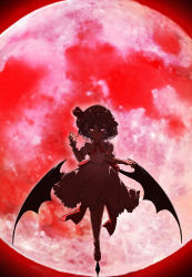 Rule 34 | 1girl, absurdres, arm at side, backlighting, balancing, bat wings, bow, collared dress, commentary request, dress, evil smile, fingernails, frilled dress, frilled sleeves, frills, full body, glowing, glowing eyes, gokuu (acoloredpencil), hair between eyes, half-closed eyes, hand up, hat, hat ribbon, highres, low wings, mary janes, mob cap, moon, neck ribbon, outdoors, outstretched arm, outstretched hand, puffy short sleeves, puffy sleeves, red bow, red footwear, red moon, red ribbon, red theme, remilia scarlet, ribbon, sash, shoes, short hair, short sleeves, slit pupils, smile, solo, standing, standing on one leg, touhou, wings, wrist cuffs
