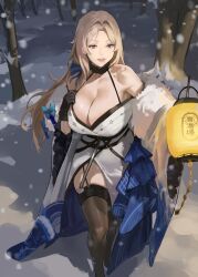 Rule 34 | 1girl, bare shoulders, bare tree, black gloves, black thighhighs, blonde hair, blue ribbon, breasts, cleavage, coat, collarbone, fur-trimmed coat, fur-trimmed kimono, fur trim, gloves, goddess of victory: nikke, hair ribbon, hand on own chest, highres, hintobento, huge breasts, japanese clothes, kimono, lantern, long hair, ludmilla (nikke), ludmilla (winter owner) (nikke), official alternate costume, orange eyes, paper lantern, parted bangs, ribbon, smile, snow, snowing, solo, thighhighs, tree, two-tone kimono, white kimono