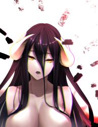 Rule 34 | 1girl, albedo (overlord), alternate breast size, bad id, bad pixiv id, black hair, breasts, chromatic aberration, cleavage, collarbone, demon girl, hair between eyes, horns, huge breasts, limeblock, long hair, looking at viewer, lower teeth only, nude, open mouth, overlord (maruyama), simple background, solo, teeth, upper body, white background, yellow eyes
