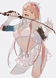 Rule 34 | 1girl, absurdres, black sleeves, bra, breasts, commentary request, cropped legs, detached sleeves, elbow gloves, fate/grand order, fate (series), gloves, grey background, highres, holding, holding whip, long hair, looking at viewer, medb (fate), narrowed eyes, nasubi illust, navel, open mouth, pink hair, riding crop, shrug (clothing), skirt, small breasts, solo, tiara, underwear, very long hair, white bra, white gloves, white skirt, yellow eyes