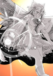 Rule 34 | 1girl, :&lt;, absurdres, aiming, aiming at viewer, arm cannon, bird wings, blush, bow, breasts, cape, closed mouth, collared shirt, commentary, control rod, energy, expressionless, feet out of frame, frilled skirt, frills, gradient background, greyscale with colored background, hair between eyes, hair bow, highres, large breasts, long hair, looking at viewer, orange background, puffy short sleeves, puffy sleeves, reiuji utsuho, shirt, short sleeves, skirt, solo, starry sky print, third eye, touhou, weapon, wings, zyaga53