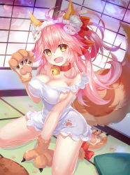 Rule 34 | 1girl, :d, animal ears, animal hands, apron, asanogawa (tutufcc), bell, between legs, blush, bow, breasts, brown eyes, cat hair ornament, cleavage, collar, commentary, dutch angle, fang, fate/grand order, fate (series), fox ears, fox girl, fox tail, frilled apron, frills, gloves, hair between eyes, hair bow, hair ornament, hand between legs, hand up, head tilt, highres, indoors, jingle bell, large breasts, long hair, looking at viewer, maid headdress, naked apron, neck bell, open mouth, paw gloves, paw print, paw shoes, pink hair, red bow, red collar, seiza, shoes, sitting, smile, solo, tail, tamamo (fate), tamamo cat (fate), tamamo cat (third ascension) (fate), v-shaped eyebrows, very long hair, white apron