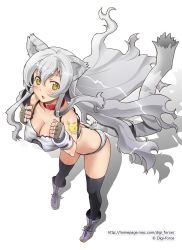 Rule 34 | 1girl, animal ears, black thighhighs, blush, boots, breasts, cleavage, collar, fingerless gloves, gloves, grey hair, highres, kimura shigetaka, leaning forward, looking at viewer, looking up, open mouth, original, simple background, solo, tail, tattoo, thighhighs, tiger ears, tiger tail, white background, yellow eyes
