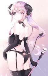 Rule 34 | 1girl, ass, backless outfit, bad id, bad pixiv id, bare shoulders, black gloves, black panties, black thighhighs, blush, bra, breasts, closed mouth, clothing cutout, commentary request, cpqm, curled horns, demon girl, demon horns, demon tail, earrings, elbow gloves, eyepatch, fang, fang out, garter straps, gloves, hair between eyes, heart, heart cutout, heart eyepatch, heart o-ring, highres, holding, horns, jewelry, long hair, original, panties, ponytail, purple bra, purple eyes, purple hair, skindentation, skull, small breasts, solo, tail, tail raised, tail through clothes, thighhighs, underwear, very long hair