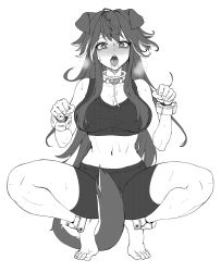 Rule 34 | 1girl, animal ears, bad id, bad pixiv id, barefoot, bike shorts, blush, breasts, cain (gunnermul), collar, fenrir (last origin), full body, greyscale, heart, heart-shaped pupils, highres, large breasts, last origin, monochrome, navel, open mouth, paw pose, saliva, simple background, solo, sports bra, squatting, sweat, symbol-shaped pupils, tail, tongue, tongue out, white background, wolf ears, wolf tail