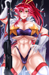 Rule 34 | 1girl, abs, ass, bikini, blush, breasts, bullet, cleavage, curvy, gloves, gluteal fold, gun, hand on own hip, highres, huge breasts, jacket, jacket on shoulders, licking lips, long hair, looking at viewer, micro bikini, muscular, muscular female, muscular legs, navel, open clothes, open jacket, pasties, ponytail, puripuri jet, purple bikini, red hair, rifle, shiny skin, sniper rifle, solo, space yoko, star pasties, swimsuit, tengen toppa gurren lagann, thick thighs, thighhighs, thighs, thong, tongue, tongue out, underboob, weapon, white gloves, white jacket, white thighhighs, wide hips, yellow eyes, yoko littner