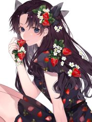 Rule 34 | 1girl, alternate costume, bad id, bad twitter id, black dress, black hair, blue eyes, closed mouth, commentary, dress, fate/stay night, fate (series), flower, food, food print, fruit, hand up, highres, holding, holding food, knees up, long hair, looking at viewer, ribbon, shimatori (sanyyyy), short sleeves, simple background, sitting, smile, solo, strawberry, strawberry print, symbol-only commentary, tohsaka rin, two side up, white background, white flower