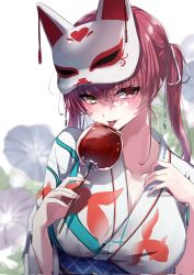 Rule 34 | 1girl, blush, breasts, candy apple, food, hair ribbon, heterochromia, highres, holding, hololive, houshou marine, japanese clothes, kimono, kuratarou0011, large breasts, long hair, looking at viewer, mask, mask on head, open mouth, red eyes, red hair, ribbon, sash, smile, solo, tongue, tongue out, twintails, virtual youtuber, yellow eyes, yukata