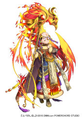 Rule 34 | 1boy, 1girl, bald, bird, braid, brown footwear, brown scarf, fire, full body, fur trim, hair ornament, hand up, holding, holding staff, looking at viewer, official art, phoenix, scarf, simple background, smug, solo, staff, standing, tassel, tattoo, white background, yellow eyes, yuba no shirushi, zenmaibook