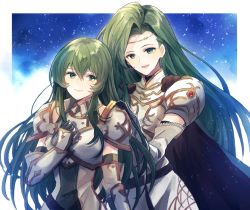 Rule 34 | 2girls, annand (fire emblem), armor, black gloves, breastplate, elbow gloves, erinys (fire emblem), fantasy, fire emblem, fire emblem: genealogy of the holy war, gloves, green eyes, green hair, hair behind ear, hand on own chest, hands on another&#039;s shoulders, headband, highres, kro, looking at viewer, multiple girls, nintendo, open mouth, siblings, sisters, smile