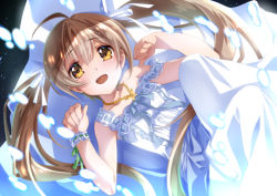 Rule 34 | 1girl, :d, bare arms, bare shoulders, brown hair, commentary request, dress, hair ribbon, hakozaki serika, highres, idolmaster, idolmaster million live!, idolmaster million live! theater days, jewelry, long dress, long hair, looking at viewer, lying, necklace, night, on back, open mouth, pearl necklace, pure onepiece (idolmaster), ribbon, senomoto hisashi, sky, sleeveless, sleeveless dress, smile, solo, star (sky), starry sky, strap slip, sundress, twintails, white dress, white ribbon, yellow eyes