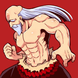 Rule 34 | 1boy, abs, beard, black pants, clenched hand, commentary request, etrian odyssey, facial hair, floating hair, highres, long hair, male focus, monk (sekaiju), muscular, muscular male, mustache, naga u, navel, pants, red background, sekaiju no meikyuu, sekaiju no meikyuu 3, topless male, silver hair, simple background, solo, thick eyebrows, very long hair