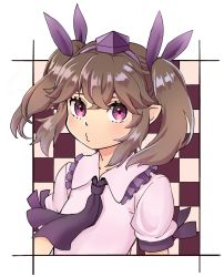 Rule 34 | 1girl, blush, breasts, brown hair, checkered background, hat, highres, himekaidou hatate, long hair, natsushiro, o3o, pointy ears, purple eyes, simple background, small breasts, solo, tokin hat, touhou, twintails, upper body