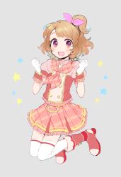 Rule 34 | 10s, 1girl, :d, aikatsu!, aikatsu! (series), blush, boots, bow, brown hair, gloves, grey background, hair ribbon, highres, jumping, looking at viewer, ogura (sao no), one side up, ozora akari, open mouth, pink bow, pleated skirt, red eyes, ribbon, short hair, side ponytail, simple background, skirt, smile, solo, star (symbol)