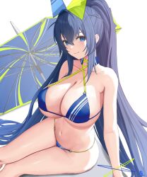 Rule 34 | 1girl, asurada yui, azur lane, bare shoulders, beach umbrella, bikini, blue bikini, blue eyes, blue hair, breasts, cleavage, closed mouth, collarbone, high ponytail, highres, large breasts, navel, new jersey (azur lane), new jersey (midsummer leisure) (azur lane), official alternate costume, simple background, sitting, smile, solo, stomach, swimsuit, umbrella, white background