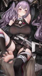 Rule 34 | 1girl, absurdres, arknights, arm up, armpits, bare shoulders, black shirt, black shorts, black thighhighs, breasts, commentary request, covered erect nipples, foot out of frame, highres, horns, large breasts, long hair, nopetroto, purple eyes, purple hair, pussy juice stain, shirt, shorts, solo, thigh strap, thighhighs, thighs, typhon (arknights), very long hair
