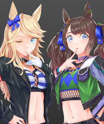 Rule 34 | 2girls, absurdres, animal ears, bandeau, black background, black choker, black jacket, blonde hair, blue bow, blue eyes, blue nails, bow, brown hair, choker, commentary request, crop top, gloves, gold city (umamusume), green shirt, hair bow, hand on own hip, hand up, highres, horse ears, jacket, long hair, long sleeves, looking at viewer, midriff, multiple girls, nail polish, navel, one eye closed, open clothes, open jacket, parted lips, purple choker, shirt, silenxe, simple background, stomach, strapless, striped bandeau, swept bangs, tosen jordan (umamusume), tube top, twintails, umamusume, upper body, white gloves