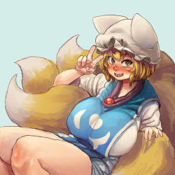Rule 34 | 1girl, blonde hair, blue background, blush, breasts, chanta (ayatakaoisii), dress, fang, fox tail, hat, huge breasts, long sleeves, looking at viewer, multiple tails, open mouth, short dress, short hair, simple background, sitting, solo, tabard, tail, teeth, thighs, tongue, touhou, v, white dress, yakumo ran