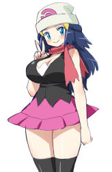 Rule 34 | 1girl, blue eyes, blue hair, blush, breasts, cleavage, creatures (company), dawn (pokemon), game freak, hair ornament, hairclip, hat, large breasts, long hair, matching hair/eyes, miniskirt, nintendo, pokemon, scarf, simple background, skirt, smile, solo, standing, thighhighs, umi no tarako, v, white background, zettai ryouiki