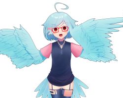 Rule 34 | 1girl, ahoge, black thighhighs, blue feathers, blue hair, feathered wings, feathers, female focus, garter straps, glasses, hair ornament, hairclip, harpy, highres, jewelry, monster girl, necklace, original, pointy ears, pouch, simple background, skindentation, solo, thigh gap, thigh pouch, thighhighs, tokei ga taba, white background, winged arms, wings, zettai ryouiki