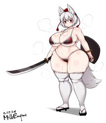 Rule 34 | 1girl, animal ears, armor, bikini armor, breasts, cleavage, closed mouth, curvy, flip-flops, highres, holding, holding shield, holding sword, holding weapon, huge breasts, inubashiri momiji, kyosuke fujiwara, looking at viewer, plump, red eyes, sandals, shield, short hair, solo, standing, sweat, sword, tachi-e, tail, thick thighs, thighhighs, thighs, touhou, weapon, white hair, white thighhighs, wide hips, wolf ears, wolf girl, wolf tail