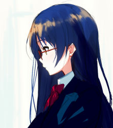 Rule 34 | 1girl, blazer, blue hair, bow, bowtie, closed mouth, commentary request, from side, glasses, hair between eyes, itsui (dihydrogenmonoxid), jacket, long hair, looking to the side, love live!, love live! school idol project, otonokizaka school uniform, red-framed eyewear, red bow, red bowtie, school uniform, simple background, solo, sonoda umi, striped bow, striped bowtie, striped clothes, striped neckwear, upper body, yellow eyes