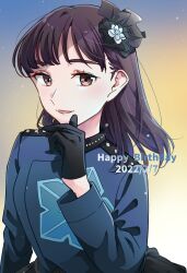 Rule 34 | 1girl, absurdres, black gloves, blue background, blue shirt, blush, brown eyes, brown hair, commentary request, dated, gloves, gradient background, hand up, happy birthday, highres, inami anju, kashikaze, light particles, long hair, long sleeves, looking at viewer, open mouth, real life, shade, shirt, solo, upper body, voice actor, yellow background