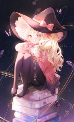 Rule 34 | 1girl, animal, animal on shoulder, black hat, black pantyhose, blonde hair, book, book stack, bow, bug, butterfly, closed mouth, commentary request, gomzi, hat, hat bow, insect, knees up, long hair, long sleeves, looking at viewer, no shoes, original, pantyhose, pink bow, pink sweater, shirt, sitting, sleeves past wrists, smile, solo, striped, striped bow, sweater, wavy hair, witch hat
