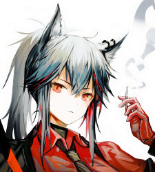 Rule 34 | 1girl, absurdres, arknights, black hair, black necktie, cigarette, closed mouth, collared shirt, gloves, hair between eyes, highres, holding, holding cigarette, looking at viewer, medium hair, multicolored hair, necktie, ponytail, portrait, red eyes, red gloves, red shirt, shirt, smoke, solo, streaked hair, texas (arknights), zh27