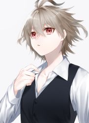 Rule 34 | 1boy, antenna hair, black vest, brown hair, buttons, collarbone, commentary request, crossed bangs, fate/grand order, fate (series), hair between eyes, hand up, male focus, red eyes, shirt, short hair, sieg (fate), simple background, solo, upper body, vest, waka (shark waka), white background, white shirt