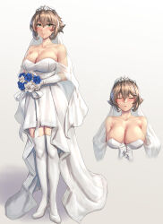 Rule 34 | 1girl, blue flower, blush, bouquet, breasts, brown hair, cleavage, closed eyes, closed mouth, collarbone, commission, dress, flower, gloves, green eyes, hair between eyes, high heels, highres, holding, holding bouquet, kantai collection, kokuzou, large breasts, multiple views, mutsu (kancolle), open mouth, short hair, skeb commission, thighhighs, wedding dress, white dress, white flower, white footwear, white gloves, white thighhighs