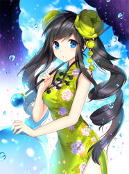 Rule 34 | 1girl, :o, black hair, blue eyes, china dress, chinese clothes, cloud, day, dress, drill hair, floral print, hair ornament, long hair, looking at viewer, nardack, original, side slit, sidelocks, solo, twintails, water drop