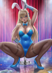 Rule 34 | 1girl, alexander dinh, animal ears, ass, asuna (blue archive), asuna (bunny) (blue archive), blonde hair, blue archive, blue eyes, bow, bowtie, breasts, cleavage, covered navel, detached collar, fake animal ears, gloves, hair ribbon, high heels, highres, leotard, mole, mole on breast, pantyhose, playboy bunny, pole dancing, rabbit ears, ribbon, spread legs, squatting, thighs, traditional bowtie