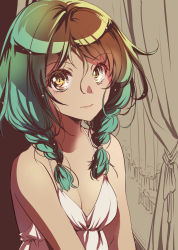 Rule 34 | 1girl, braid, breasts, brown eyes, brown hair, cleavage, closed mouth, curtains, dress, expressionless, green hair, hair between eyes, indoors, looking at viewer, medium breasts, multicolored hair, original, senkyoushi gondolf, sleeveless, sleeveless dress, solo, spaghetti strap, sundress, twin braids, two-tone hair, upper body, white dress
