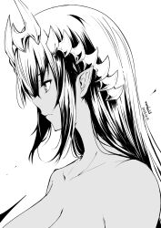 Rule 34 | 1girl, artist name, breasts, closed mouth, dark-skinned female, dark skin, dated, greyscale, headpiece, highres, kichihachi, large breasts, long hair, monochrome, nanashi inc., nude, pointy ears, profile, shimamura charlotte, simple background, solo, upper body, virtual youtuber, white background